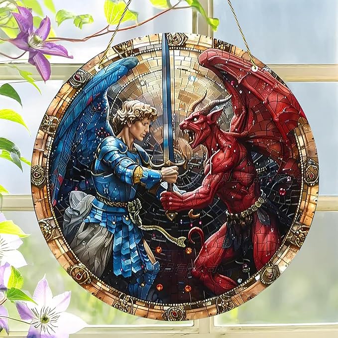 St. Michael San Miguel Arcangel Wall Pediments Home Decor Door Sign Plaques Hanging Pendant Decorations Batter Guard Angel Christian Religious Ornaments (L)
