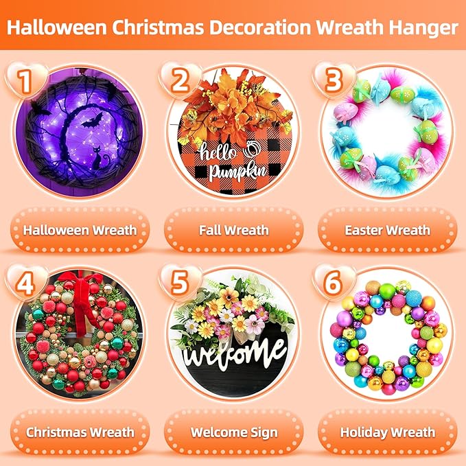 Wreath Hangers for Front Door, 6 Pack Large Wreath Door Hanger for Easter Christmas Halloween-Decorations, Heavy Duty Over-The-Door-Hooks, Adhesive-Wall-Hooks for Garland Home-Decor Inside Outside