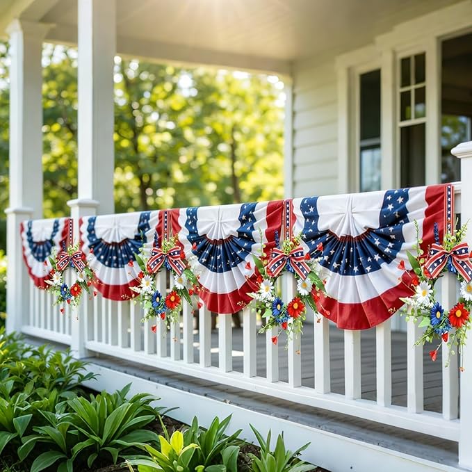 6 Pcs Mini Patriotic American Kitchen Cabinet Wreaths Small 4th of July Floral Swag Wreath for Front Door with Ribbon Daisy July Independence Day Hanging Wreath for Porch Wall Farmhouse Decor