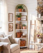 5 Tier Corner Shelf, Luxury Gold Corner Plant Stand with White Wood Shelves,Modern Metal Corner Bookshelf Display Rack,Premium Corner Storage Shelving Unit for Living Room,Bedroom,Bathroom