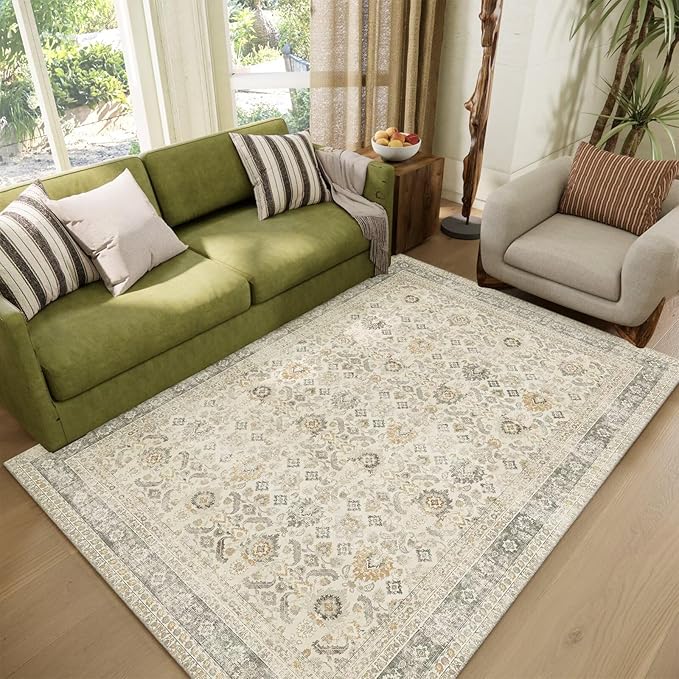 Washable 4x6 Rugs for Living Room, Boho Non-Slip Vintage Distress Small Rugs for Bedroom Nursery Office, 0.3" Neutral Oriental Throw Thin Carpet with Cushioning Pad, Grey/Beige/Orange/Multi