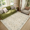 Washable 4x6 Rugs for Living Room, Boho Non-Slip Vintage Distress Small Rugs for Bedroom Nursery Office, 0.3" Neutral Oriental Throw Thin Carpet with Cushioning Pad, Grey/Beige/Orange/Multi