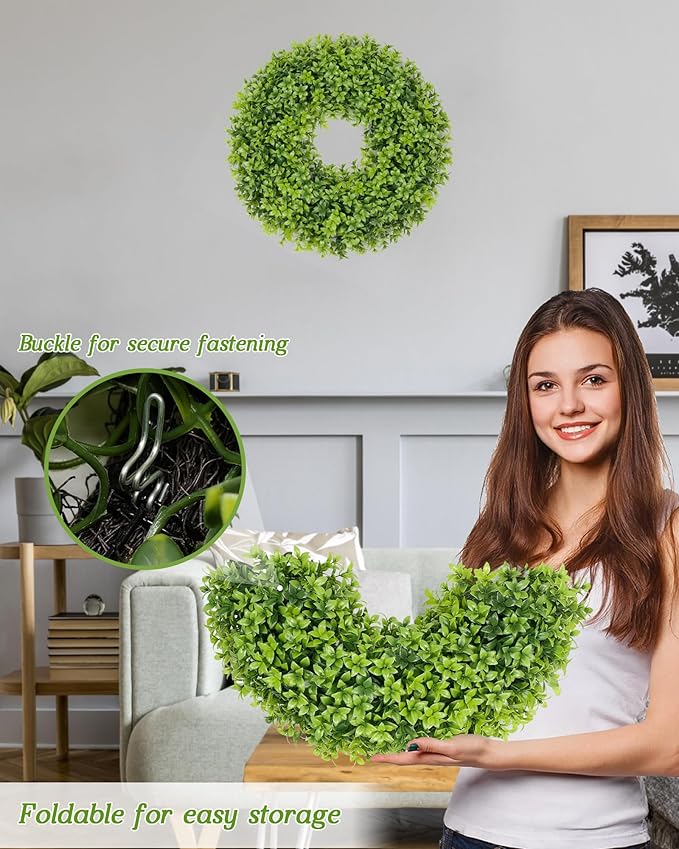 Vlorart 20 Inch Boxwood Wreaths for Front Door, Artificial Spring Wreath for Wall Farmhouse Wedding Porch Green Wreath with Sash Year Round Indoor Outdoor for Summer Farmhouse Wreaths Home Decorations
