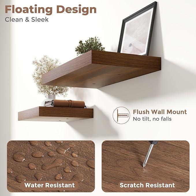 16 Inch Floating Shelves for Wall Set of 2, 12"D Wood Grain Bathroom Shelves with Invisible Brackets, Easy Install Engineered Wood Storage Shelves for Kitchen, Living Room, Bedroom, Walnut Finish
