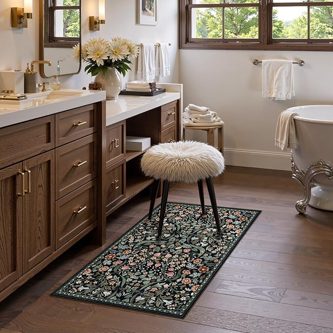 Moynesa Floral 2x3 Entryway Rug, Washable Kitchen Rugs Non Slip Front Door Mat for Indoor Entrance, Boho Ultra Thin Small Rug Soft Botanical Throw Carpet for Bathroom Bedroom, Black