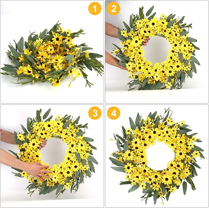 JINGHONG Yellow Spring Wreath 22 Inch Summer Wreath with Sunflower and Daisy Flower Wreaths for Front Door Window Wall Decoration and Indoor Outdoor Decor