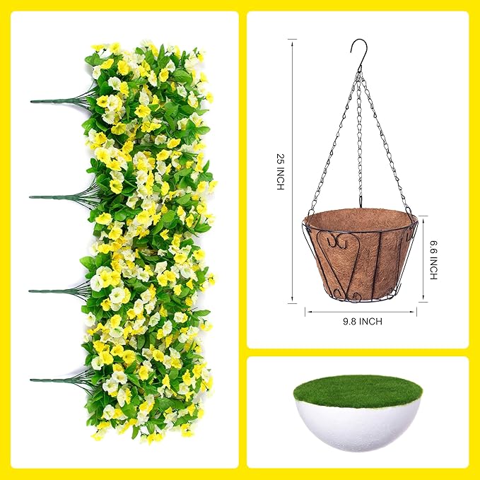 Artificial Flowers with Hanging Basket, Outdoor Faux Plants Silk Morning Glory Vines, Fake Green Arrangement for Garden Patio Spring Summer Decor(Yellow White)