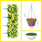 Artificial Flowers with Hanging Basket, Outdoor Faux Plants Silk Morning Glory Vines, Fake Green Arrangement for Garden Patio Spring Summer Decor(Yellow White)