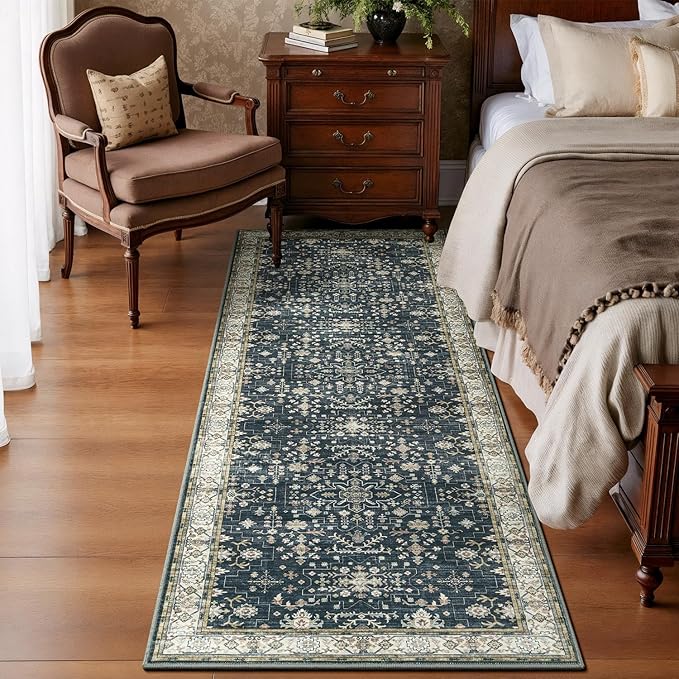 Lessymo Black Washable 2x6 Runner Rugs for Hallway Kitchen Bedroom Beside Laundry Room Bathroom Rug, Non Slip Low Pile Stain Resistant Soft Faux Wool Long 24 x 72 Floor Carpet, Floral Moody Decor