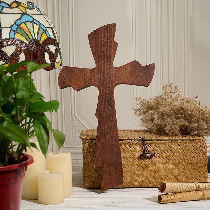 BGCarvedGrace Wooden Wall Cross Decor, Handcrafted Retro Religious Hanging Cross, Christian Home Wall Art Decoration(20 Inch)