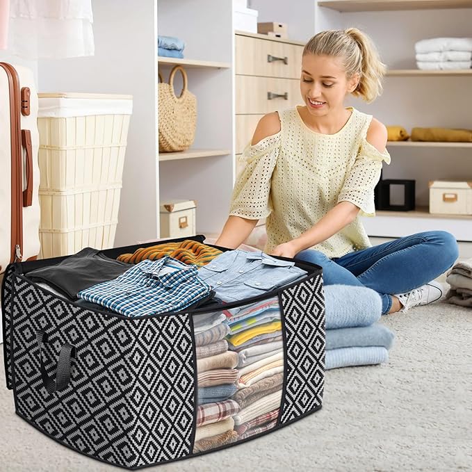 Direct 100L, 4 Pack, Storage Containers, Large Clothes Storage Bins Foldable Organization and Storage Bags with Reinforced Handle, Clear Window for Bedding, Blankets, Clothing, Black