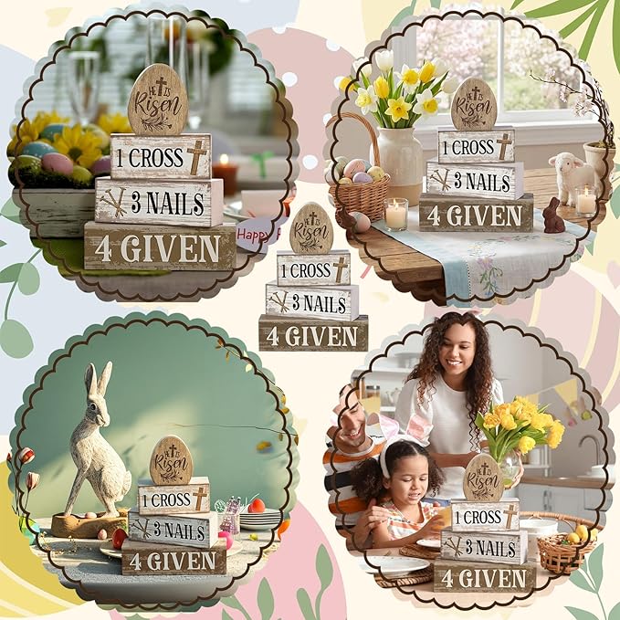 Lineshading 4 Pcs Easter Table Decoration Easter Gifts He Is Risen Tiered Tray Decor Christian Gifts Wooden Eggs Basket Stuffers Centerpieces for Holy Week Home Kitchen Party Decorations