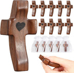 OrbitShell 10Pcs Wooden Cross Fidget with Organza Bags Cross My Heart/Encouragement Gift Handcrafted Walnut Pocket Cross Handheld Prayer Stress Relief Christian Faith Gifts Religious Easter Day Gifts