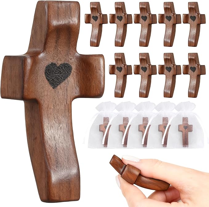 OrbitShell 10Pcs Wooden Cross Fidget with Organza Bags Cross My Heart/Encouragement Gift Handcrafted Walnut Pocket Cross Handheld Prayer Stress Relief Christian Faith Gifts Religious Easter Day Gifts