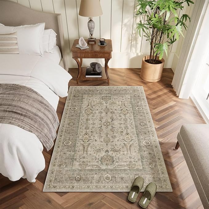 Washable 3x5 Entryway Rug, Boho Non-Slip Vintage Distress Small Rugs for Kitchen Nursery Office Bedroom, 0.3" Neutral Oriental Throw Thin Carpet with Cushioning Pad, Flaxen/Brown/Multi