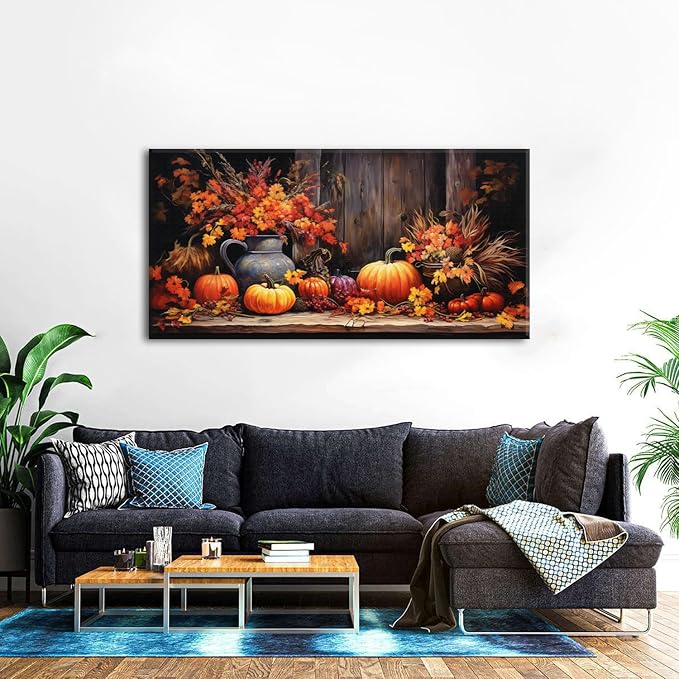 AIYISU Rustic Pumpkin Canvas Wall Art Farmhouse Dining Room Pictures Kitchen Wall Decor Autumn Flowers Canvas Prints Fall Harvest Theme Posters Halloween Painting Artwork Home Decorations 24x48