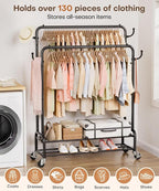 Homde Heavy Duty Clothes Rack: 265lb Rolling Double Rod Garment Hanging - Metal Coat Organizer Storage Display Shelf on Wheels for Bedroom Laundry