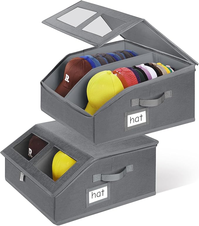 2 Pack Hat Storage for Baseball Caps-Holds Up to 48 Caps, Hat Organizer for Closet Stackable Hat Box with Cardboard, Dustproof Baseball Cap Organizer with 2 Handles for Home Travel (Grey, 2Pack)