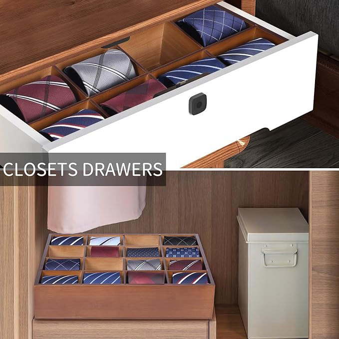 Wall Mounted Tie Rack - 16 Compartment Tie Organizer with Display Racks for Bedroom & Wardrobe