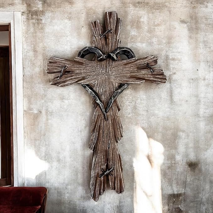 Rustic Wood-Look Resin Wall Cross with Barbed Wire & Nail Heart Accents – 11 ½” Christian Farmhouse Wall Décor, Inspirational Religious Gift (Rustic Brown)