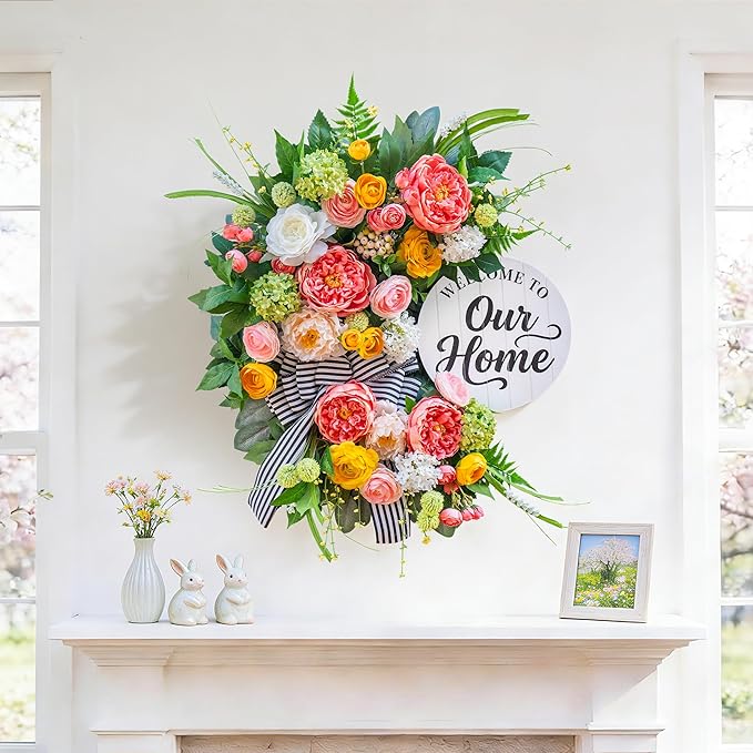 Spring Summer Wreaths for Front Door 24 Inch, Half Moon Wreath with Peony, Rose & Dalia, Outdoor Spring Wreaths for Front Door Outside, Summer Wreath for Front Door Farmhouse Welcome Sign Door Decor