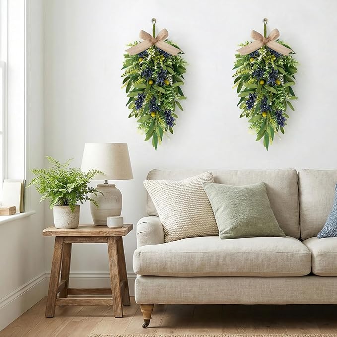 2 PCS 24'' Spring Summer Swags for Front Door Artificial Eucalyptus Olive Boxwood Leaves Teardrop Swags Greenery Swag Wreath Spring Summer Hanging Swag for Farmhouse Wedding Cabinet Home Outdoor Decor