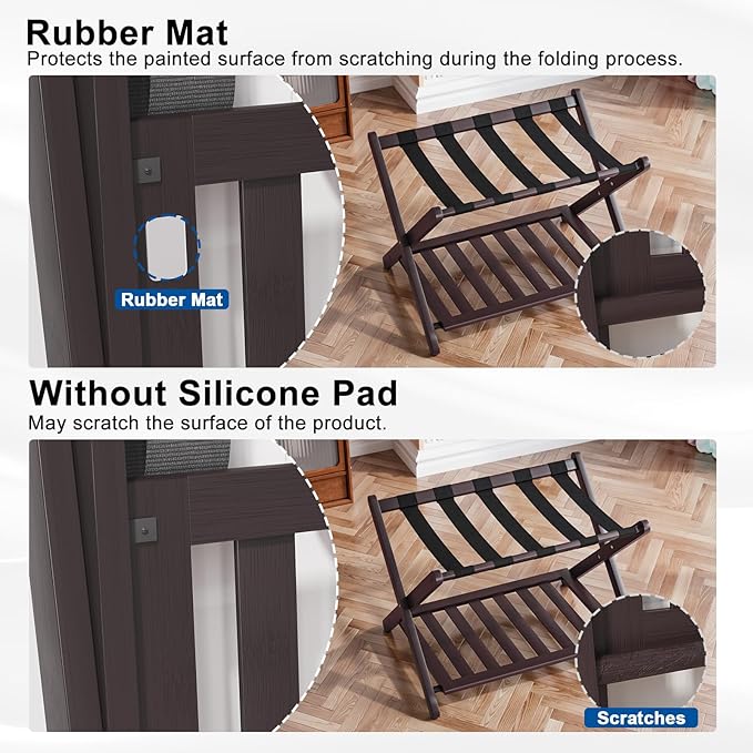 Smuxee Fully Assembled Brown Luggage Rack, Upgraded Bamboo Foldable Suitcase Stand with 5 Nylon Straps, Luggage Holder with Shelf for Guest Room Bedroom Hotel