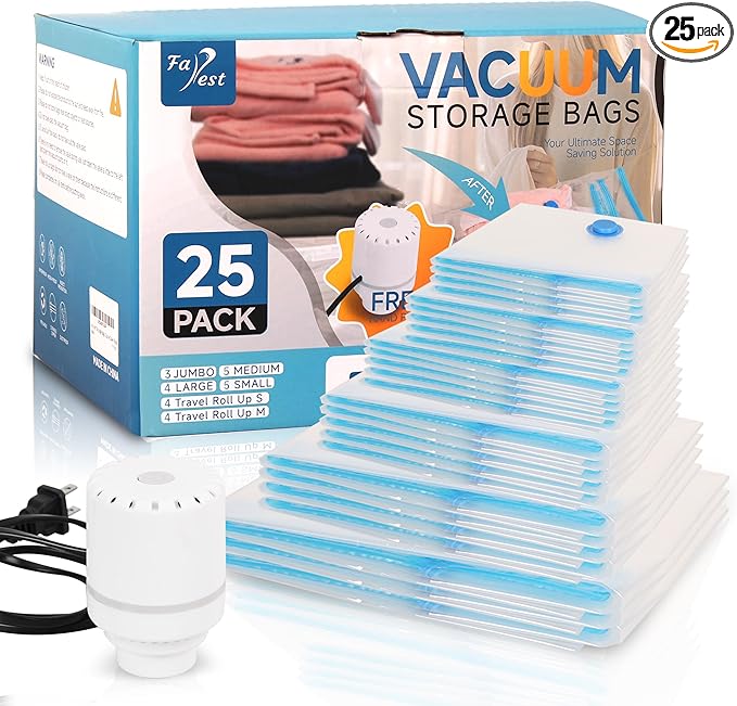 Vacuum Storage Bags with Electric Air Pump, 25 Pack Compression Bag, Space Saving Vacuum Sealer Bags for Clothes, Blanket, Duvets, Pillows, Comforters Travel, Two Compressing Ways