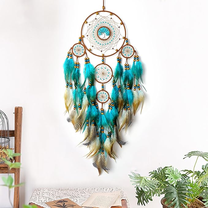 Large Dream Catchers, Boho Handmade Woven Turquoise Dream Catchers Wall Hanging for Bedroom Home Decor, Wedding Party Decor, Adults Boys Girls Festival Blessing Gift (Turquoise & Brown)