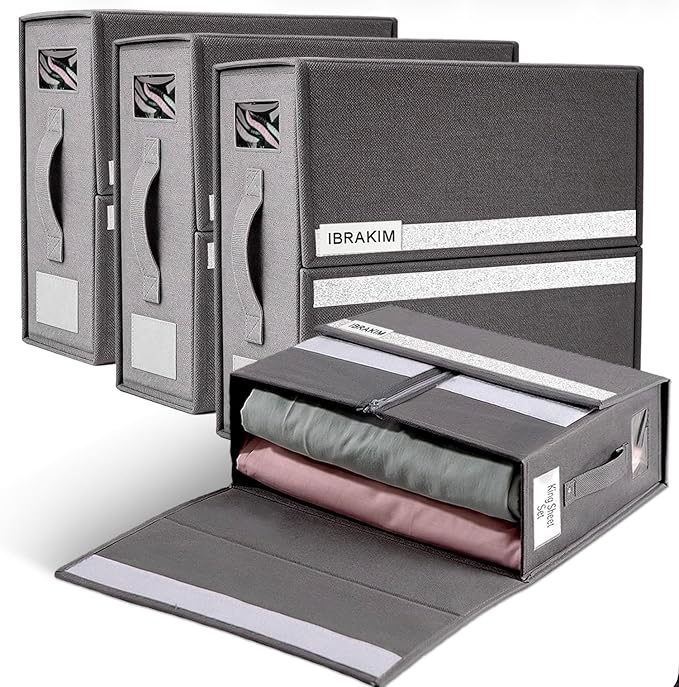 IBRAKIM Bedsheet Organizer Set of 4, Linen Storage Organizer for Closet and Under Bed, Foldable Bedding Organizer for Sheets, Blankets, Comforters, Closet Storage Bins, Grey