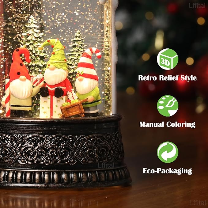 Christmas Snow Globe Gnome Snow Globe Lantern, Light Up Christmas Decorations for Home Musical Lantern Candle Shaped with Timer, Home Decor Festival Gife, USB & Battery Operated 10 Inch