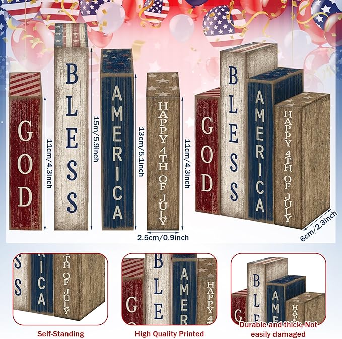 Lineshading 4 Pcs Patriotic Table Decorations Glod Bless American 4th of July Tiered Tray Decor 250th Anniversary Wooden Book Red White and Blue Memorial Day Centerpiece Decorations for Home Shelf