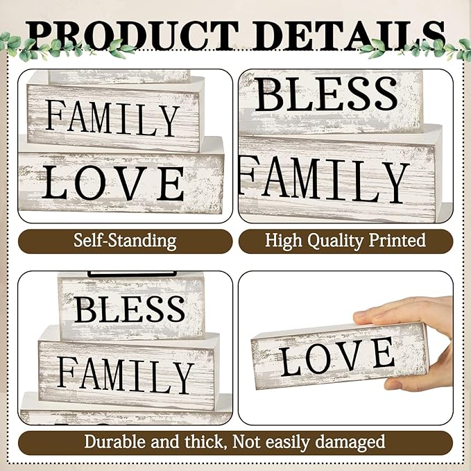 Yuntau 4 Pcs Farmhouse Wooden Tabletop Decor Sweet Home Tiered Tray Decor Rustic Retro Wood Bless Family Love Block Sign Gift Neutral Centerpiece Farmhouse Table Sign for Home Shelf Mantle