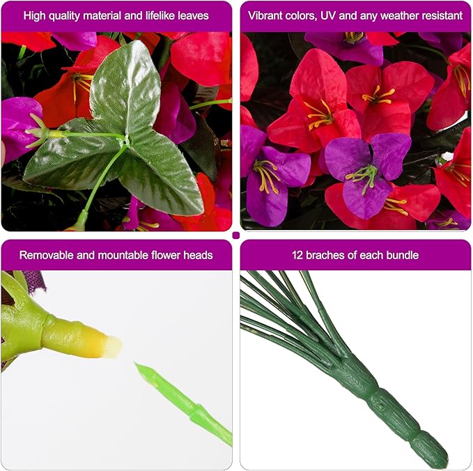 Bougainvillea Artificial Flowers for Outdoors Faux Plants Spring Decor, 4 Bundles Realistic Fake Silk Bougainvillea for Outside UV Resistant Faux Flowers for Outdoor Planters Porch Patio Garden Home