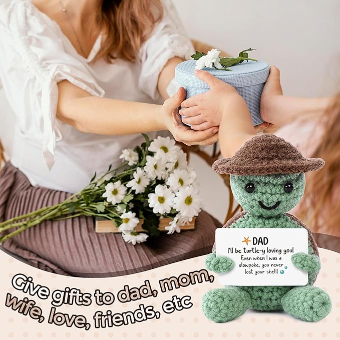 Valentines for Dad Birthday Gift, Handmade Crochet Mini Turtle, Emotional Support Animal Gift from Daughter Son, Funny Sea Turtle Desk Decor, Unique Retirement for Dad (3.74" X 2.56")