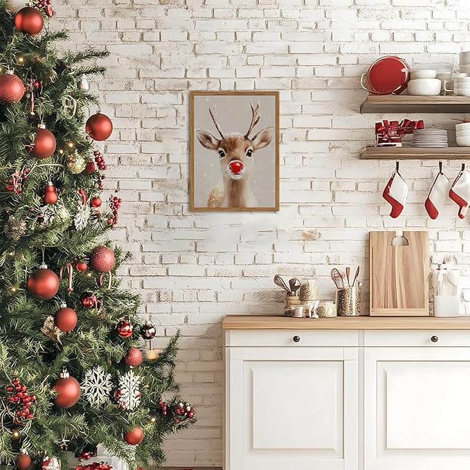 Framed Christmas Wall Art, Vintage Red Nose Reindeer Canvas Wall Decor Paintings, Rustic Winter Cute Deer Pictures Prints Farmhouse Home Decoration for Living Room Bedroom 16×24 inch