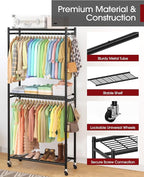 Clothes Rack - 33.0" x 12.2" x 79.5" Clothing Rack with Shelves & Wheels, Multi-Functional Wardrobe Closet with Hooks, Sturdy Metal Garment Rack for Bedroom, Laundry, Balcony (Black)