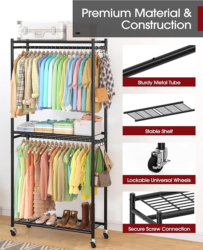 Clothes Rack - 33.0" x 12.2" x 79.5" Clothing Rack with Shelves & Wheels, Multi-Functional Wardrobe Closet with Hooks, Sturdy Metal Garment Rack for Bedroom, Laundry, Balcony (Black)