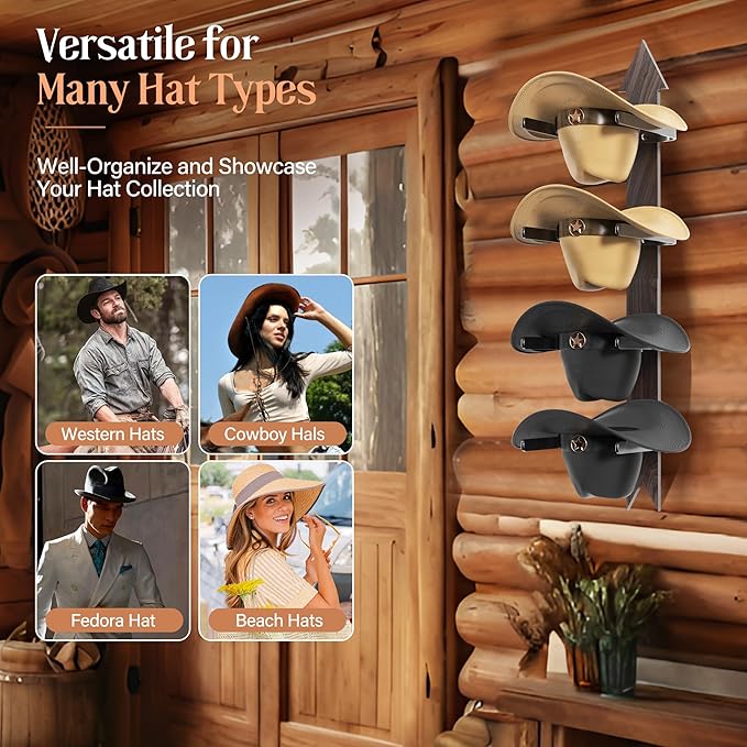 Cowboy Hat Rack for Wall, Cowboy Hat Holder Wall Mount Holds up to 4 Hats, Wooden Western Rustic Metal Hat Hanger with Arrow Sign Board, Hat Organizer for Western Hat, Fedora, Sun Hats (1 pack)