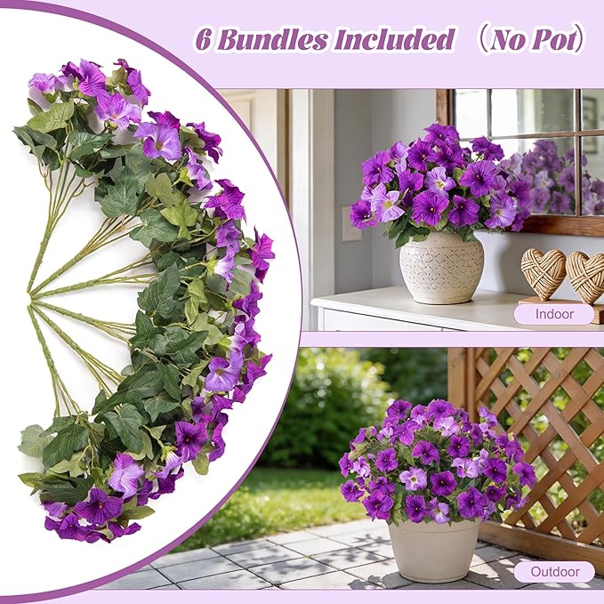 6 Pcs Artificial Petunia Flowers for Outdoors, Fake Flowers for Outdoor Planter, UV Resistant Realistic Faux Petunias Plants for Outside No Fade for Garden Porch Patio Indoor Decor(Double Purple)