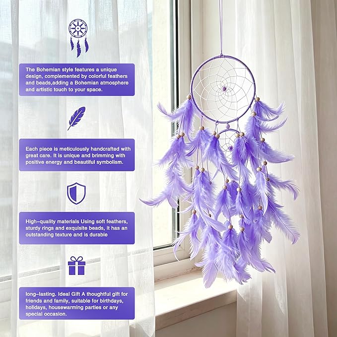 Purple Dream Catcher, Dreamcatcher for Girls,Handmade Feather Mobile Wall Decor Hanging for Girl Women Bedroom Dorm Room Decorations Home Ornament Birthday Festival Craft Gift
