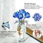 H&D HYALINE & DORA Blue Crystal Rose Flower Paperweight,Glass Flower Gifts for Women Girl Wife,Crystal Flowers Bouquet Collectible for Christmas Day Wedding Anniversary