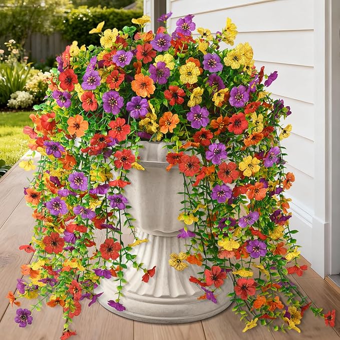 Homsunny Artificial Hanging Flowers for Outdoor, 8PCS Fake Flowers Faux Silk Daisy with Eucalyptus Leaves, UV Resistant Aritificial Outdoor Flowers for Spring Home Patio Balcony Yard Porch Decor