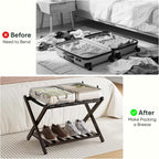 Fully Assembled Bamboo Luggage Rack, Folding Suitcase Stand with 5 Nylon Straps, Luggage Holders with Shelf, Ideal for Guest Room, Bedroom, Hotel, Espresso
