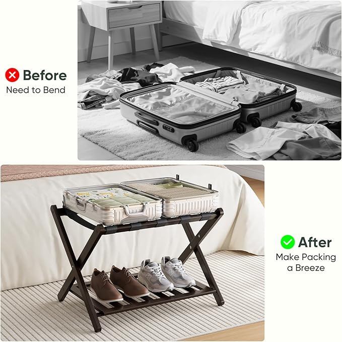 Fully Assembled Bamboo Luggage Rack, Folding Suitcase Stand with 5 Nylon Straps, Luggage Holders with Shelf, Ideal for Guest Room, Bedroom, Hotel, Espresso
