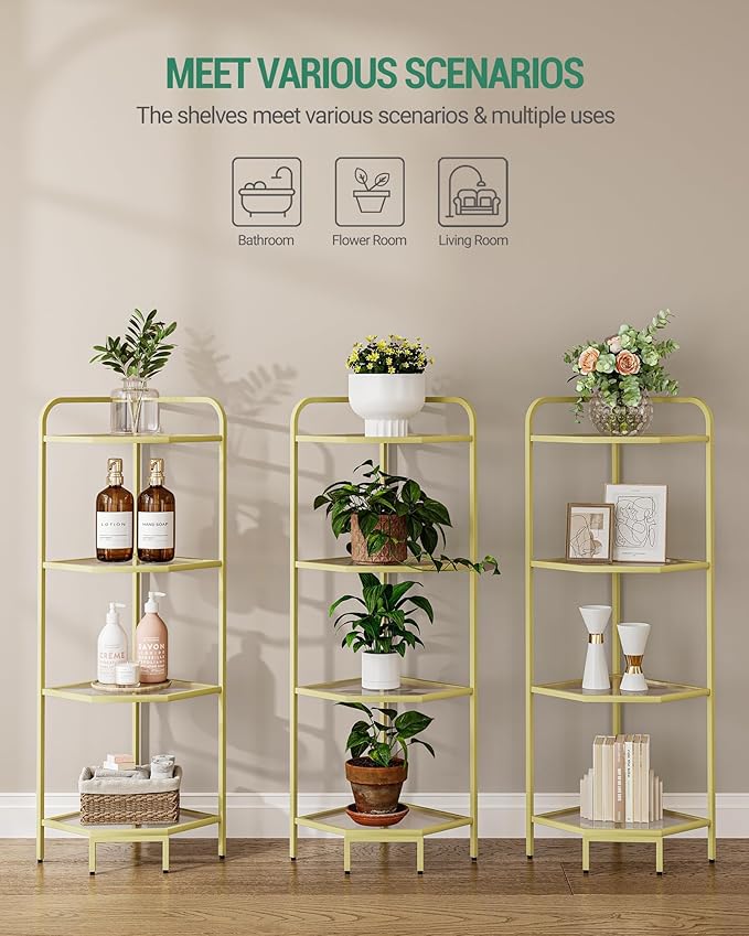 Hzuaneri Corner Shelf Stand, 4-Tier Glass Bookshelf Bookcase, Bathroom Organizer, Plant Stand, Steel Frame, Tempered Glass, Modern Style for Living Room, Bathroom, Kitchen, Golden CS90400G