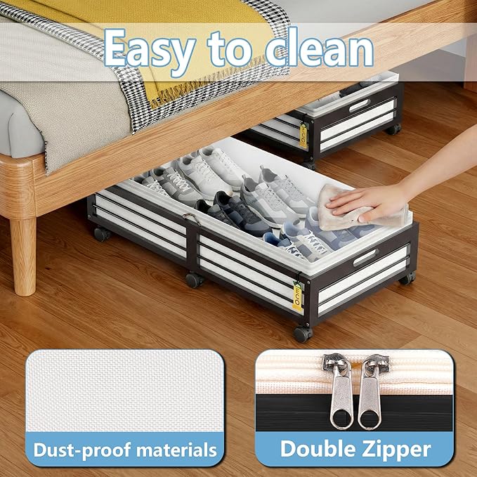 Under Bed Storage Containers with Wheels, Larger Bamboo Wood Under Furniture Storage Containers with Dust Bags，Rolling for Shoes Clothes