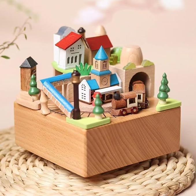 Natural Solid Wood Handcrafted Beech Wooden, Musical FigureTotoro/Carousel/Fairy/Ballerina Figurine,Rotating Hand Crank Mechanism Music Box,Musical Decorations (Bell Tower and Train)