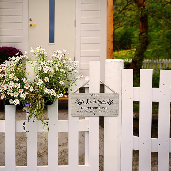 Wall Pediments Shoes Off Sign,Shoes Off Sign for Front Door,Since Little Fingers Touch Our Floor Door Sign,Shoes Off Hanging Welcome Sign for Front Door,12x6 Inches，Wood Grain-6