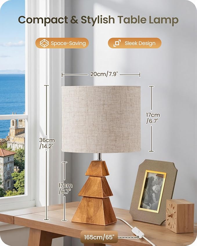 Wood Table Lamp, Wood Bedside Lamp with Tree-Shaped Base & Linen Lampshade, Modern Cute Desk Lamp for Living Room, Bedroom, E26 Base, Bulb Not Included, Beige and Dark Natural LE08TL05